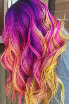 Hairstylist Inspiration, Colourful Hair Ideas, Sunset Hair Color, Neon Sunset, Sunset Hair, Dark Purple Hair, Vivid Hair, Galaxy Hair