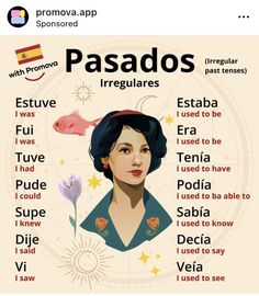 a poster with spanish words on it that say pasados irregulares and an image of a woman's face