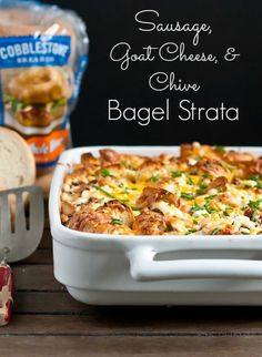 sausage, gourmet cheese, and onion bagel strata casserole