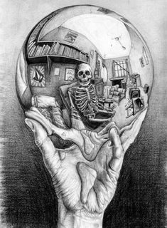 a drawing of a human hand holding a crystal ball with a skeleton in it's center