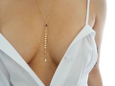 "**ZOOM for better detail *Water-safe Dainty, delicate, and perfect for everyday wear. Wear it with crop tops, basic tees, dresses, bikinis, and so much more! FEATURES: - 14k Gold filled chain and clasps - 14k Gold filled coin discs - Garnet stone pear shaped pendant rimmed in Solid Gold - Tiny round Swarovski diamond crystals. MEASUREMENTS: Top \"necklace\" measures 20 inches. Bottom \"belly\" measures 39 inches (shortest layer) with a 2 inch extender. **If you need custom measurements other th Short Gold Necklace, Choker Outfit, Gold Body Chain, Pear Shaped Pendant, Chain Bra, Gold Bodies, Belly Jewelry, Secret Crush, Beauty Hair Makeup