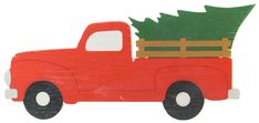 a red truck with a christmas tree on the back is shown in front of a white background