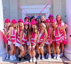 Group Costume Ideas 7 People, Hot Pink Construction Worker Costume, Subtle Halloween Outfits, Pink Construction Worker Costume, Volleyball Halloween Costumes, Group Theme Outfits, Construction Theme Outfit, Halloween Costume Group Ideas, Team Costume Ideas