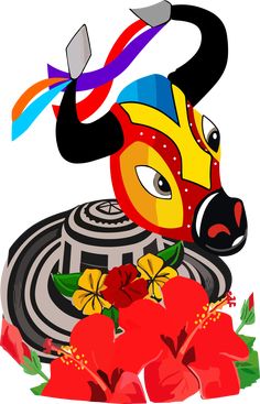 a colorful bull head sitting on top of red flowers