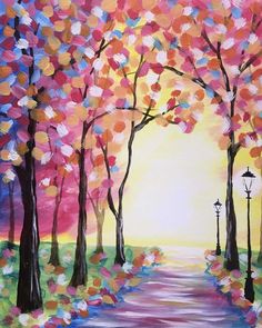 an oil painting of trees with colorful leaves on them and a street light in the distance