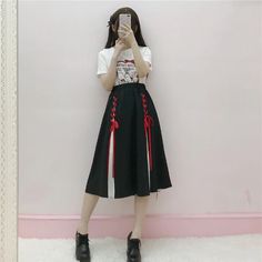 Black and White Lace up Skirt on Storenvy Street Wear Skirt, Harajuku Skirt, Skirt Outfits Korean, Japanese Harajuku Fashion, Korean Street Wear, Leather Crochet, Short Maxi, Skirts Pleated, Skirts Outfits