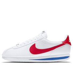 The Nike Cortez Basic 'White Varsity Red' is a modern update to the classic running shoe designed by Bill Bowerman in 1972. It features a wider, higher heel, dubrae and improved design lines. The upper is made of lightweight nylon and suede for a vintage look and feel. This sneaker is perfect for running, jogging, and other activities. It is inspired by the classic Cortez silhouette, and its colorway of white, varsity royal and varsity red adds a stylish touch. (SNKR/Gift Recommend) Classic Custom Sneakers With Red Sole For Sports, Classic Nike Sneakers With Red Sole, Classic Nike Running Shoes With Branded Insole, Nike Classic Running Shoes For Jogging, Classic Nike Running Shoes, Classic University Red Sneakers With Rubber Sole, Classic Nike Sneakers In University Red, Nike Sporty Running Shoes With Red Sole, Classic White Leather Running Shoes