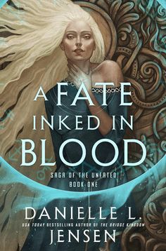 a book cover with an image of a woman in blue dress and the words, afate inked in blood