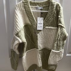 Zara Green Patchwork Sweater Size Small Nwt Trendy White Patchwork Sweater, Casual Cream Patchwork Sweater, Casual White Patchwork Sweater, White Knit Outerwear From Zara, White Knit Outerwear By Zara, Zara White V-neck Sweater, White V-neck Zara Sweater, Zara White Long Sleeve Sweater, Cozy White Zara Sweater