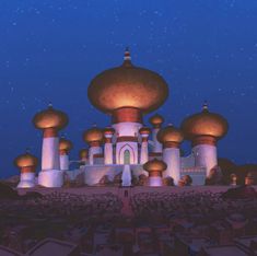 an animated image of a large building with many domes on it's sides and stars in the sky above