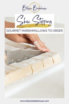 a person cutting food with a knife on top of it and the words, 3 show stopping gourmet marshmallows to order