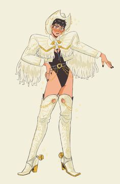 a drawing of a woman dressed in white and black with feathers on her head, wearing boots