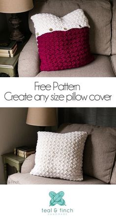 two pillows sitting on top of a couch next to each other with the words free pattern create any size pillow cover