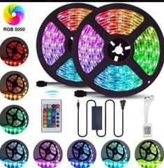 three different colors of led strip lights with remote controls and cables on each side,