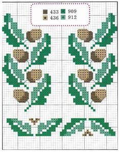 a cross stitch pattern with leaves and acorns on the side, as well as numbers