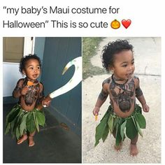 two pictures of babies dressed up as hula dancers, one is wearing a costume and the other has fake leaves on it