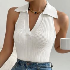 Never Worn White Knit Collared Tank. Soft And Stretchy Material. Looks Cute With Multiple Outfits. Striped Top Outfit, Polo Shirt Outfits, Maxi Dresses Fall, Backless Blouse, Pullover Outfit, Tank Top Outfits, Knit Outerwear, Ribbed Knit Top, Crop Top Sweater