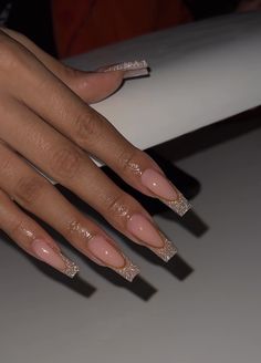 Rectangle Nails Design, Long Acrylic Nails French Tip Color, Gold French Tip Nails With Design, Acrylic Nail Birthday Designs, Glittery Classy Nails, Cute Bling Acrylic Nails, Romeo Santos Nails, Boujee French Tip Nails, Pretty Long Acrylic Nails