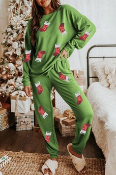 Get ready to sparkle this holiday season with our Sequin Christmas Stockings Graphic Two-Piece Lounge Set. Perfect for festive lounging, this set brings the magic of Christmas right into your home with a playful graphic featuring... Two Piece Lounge Set, Green Sequins, Loungewear Set, Lounge Sets, Sequin Dress, Neck Designs, Affordable Fashion, Festival Season, Daily Wear