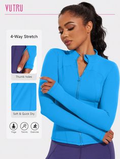 Azul  Collar manga larga Tela Liso  Embellished Estiramiento medio Todo Shein Finds, Sports Jackets Women, Sports Jackets, Compression Shirt, Women Sports, Sports Jacket, Funnel Neck, Thumb Holes, Outdoor Woman