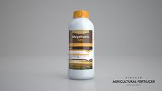 a bottle of organic fertilizer on a gray background with an orange cap in the top right corner