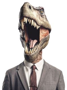 a man in a suit and tie with a dinosaur mask on his head, showing teeth