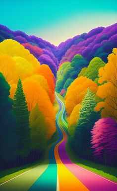 a painting of a road surrounded by colorful trees