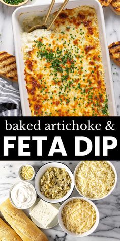 baked artichoke and feta dip recipe with text overlay