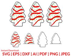 christmas trees with red ribbon and green sprinkles are shown in this set