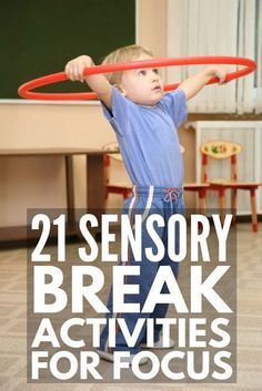 a young boy holding a red frisbee over his head with the words, 21 sensory break activities for focus