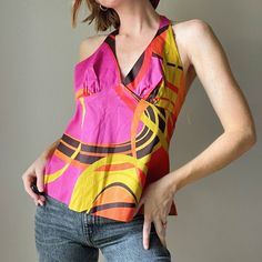 Nwt Vintage Y2k Trina Turk Funky Abstract Colorful Halter Top Pink Yellow Colorful Printed Size On Tag: 12 Model (Me) Is A Size S/26/4 And 5’6” For Reference Condition: Great Preowned Condition. Normal Wear. No Flaws. Always Open To Offers Bundle To Save Reach Out If You Have Any Q’s Follow Along Basicposhbabe On Social Media Ily Already Long Length Blouse, Split Sleeve Top, One Shoulder Ruffle Top, Ruffle Top Blouses, White Ruffle Top, Georgette Tops, Floral Tunic Tops, Printed Sleeveless Blouse, Long Sleeve Floral Top