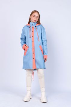 "Women's Blue-Coral Fashion Unique Raincoat ''ANTIGUA\" 546/136 Handmade in Lithuania.  Enjoy functional and stylish raincoat. This raincoat is waterproof and wind-resistant to keep you warm and dry.  Raincoat is with a hood and has front pockets with buttons. Color: Blue-Coral  Material: 100% Polyester, coated with PU Lining: 100% Rayon, coral color Size: XS, S, M, L, XL, XXL Precise raincoat size (cm/inch) You can find in photos area." Waterproof Outerwear For Spring Rainy Weather, Spring Waterproof Outerwear For Rainy Weather, Spring Raincoat With Detachable Hood For Rainy Weather, Casual Raincoat With Detachable Hood For Rainy Season, Spring Weatherproof Parka For Rainy Weather, Blue Hooded Windbreaker For Rainy Season, Hooded Blue Windbreaker For Rainy Season, Hooded Weatherproof Raincoat For Spring, Spring Parka For Rainy Weather With Pockets