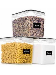 three plastic containers with cereal and grains in them, labeled grans on the lids