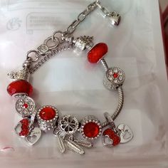 Fun Silver Red Braclets With Charms, Hearts, Feathers, Bobbles Red Bracelets, Silver Bracelets, Lady In Red, Feathers, Charms, Women Jewelry, Brand New, Silver, Red