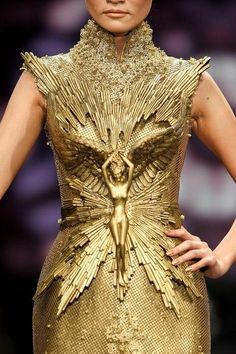 56b57b733887cb745aef3262217c6761 Golden Age Dress, The Golden Age, Gold Armor Dress, Gold Runway Fashion, Harmony In Fashion, Gold Clothing, Gold Runway, Golden Fashion, Modern Goddess