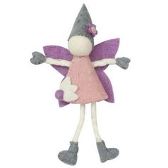 a stuffed toy doll wearing a pink dress and purple shoes with her arms outstretched in the air