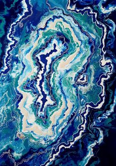 an abstract painting with blue, white and green colors on it's surface is shown