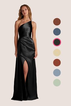 a woman wearing a black one shoulder dress with side slits and color swatches