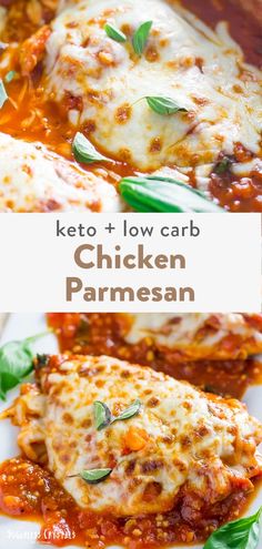 keto and low carb chicken parmesan on a white plate with basil leaves