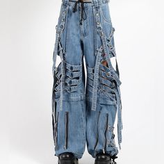 Tripp Nyc - Super Cut Out Light Blue Denim Pant. Size Xxs. Worn Max 3 Times. Tripp Nyc Pants, Diy Ripped Jeans, Tripp Pants, Cool Denim, Black Suspenders, Summer Shorts Outfits, Blue Denim Pants, Future Clothes, Fashion Aesthetics