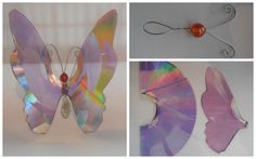 three different pictures of butterfly wings and wire