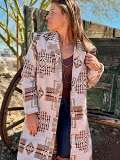 The Southwest Sands Aztec Peacoat features a tailored silhouette that flatters every figure. Its versatile design effortlessly transitions from casual outings to special occasions, making it a wardrobe essential for any fashion enthusiast. Material: 100% Polyester  Tailored Fit Heavy Weight Lined Pockets Boho Cowgirl Style, Long Shacket, Shacket Style, Ranch Wear, Boho Cowgirl, Western Accessories