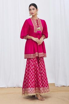 Shop for Gopi Vaid Pink Tussar Silk Peplum And Brocade Gharara Set for Women Online at Aza Fashions Brocade Gharara, Silk Gharara, Marodi Work, Gopi Vaid, Rani Pink, Luxury Sale, Embroidered Neckline, Scalloped Hem, Set For Women