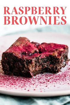 raspberry brownies on a white plate with pink sprinkles