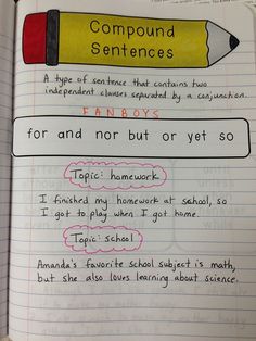 an open notebook with writing on it and a yellow pencil in the middle that says compound sentences