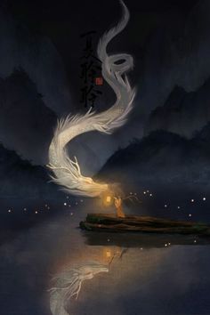 a white dragon floating on top of a body of water