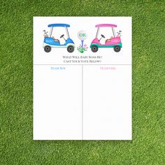 two golf carts with the words what will lady boss say? on them in pink, blue and green