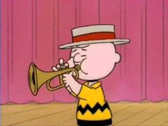 a cartoon character playing a trumpet in front of a pink curtain