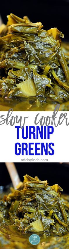 two pictures of cooked greens with text overlay that reads slow cooker turnip greens