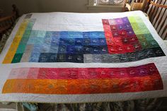 a bed with a colorful quilt on top of it